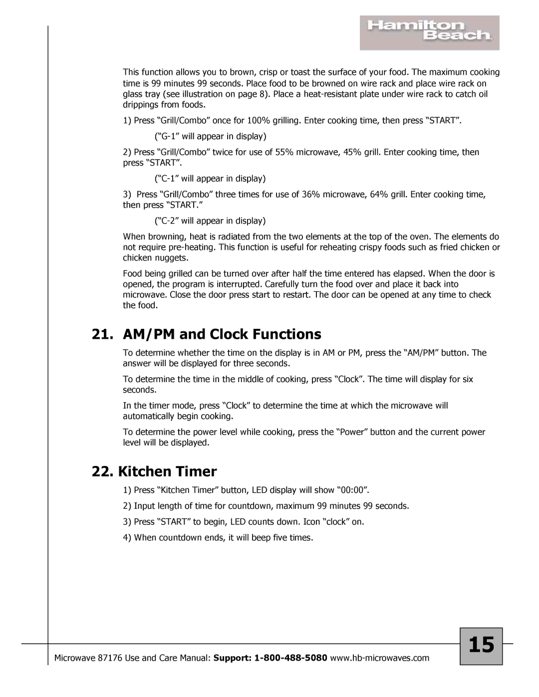 Hamilton Beach 87176 owner manual 21. AM/PM and Clock Functions, Kitchen Timer 