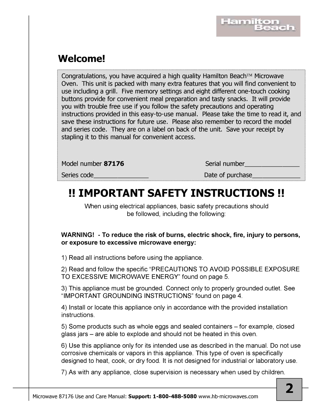 Hamilton Beach 87176 owner manual Important Safety Instructions 