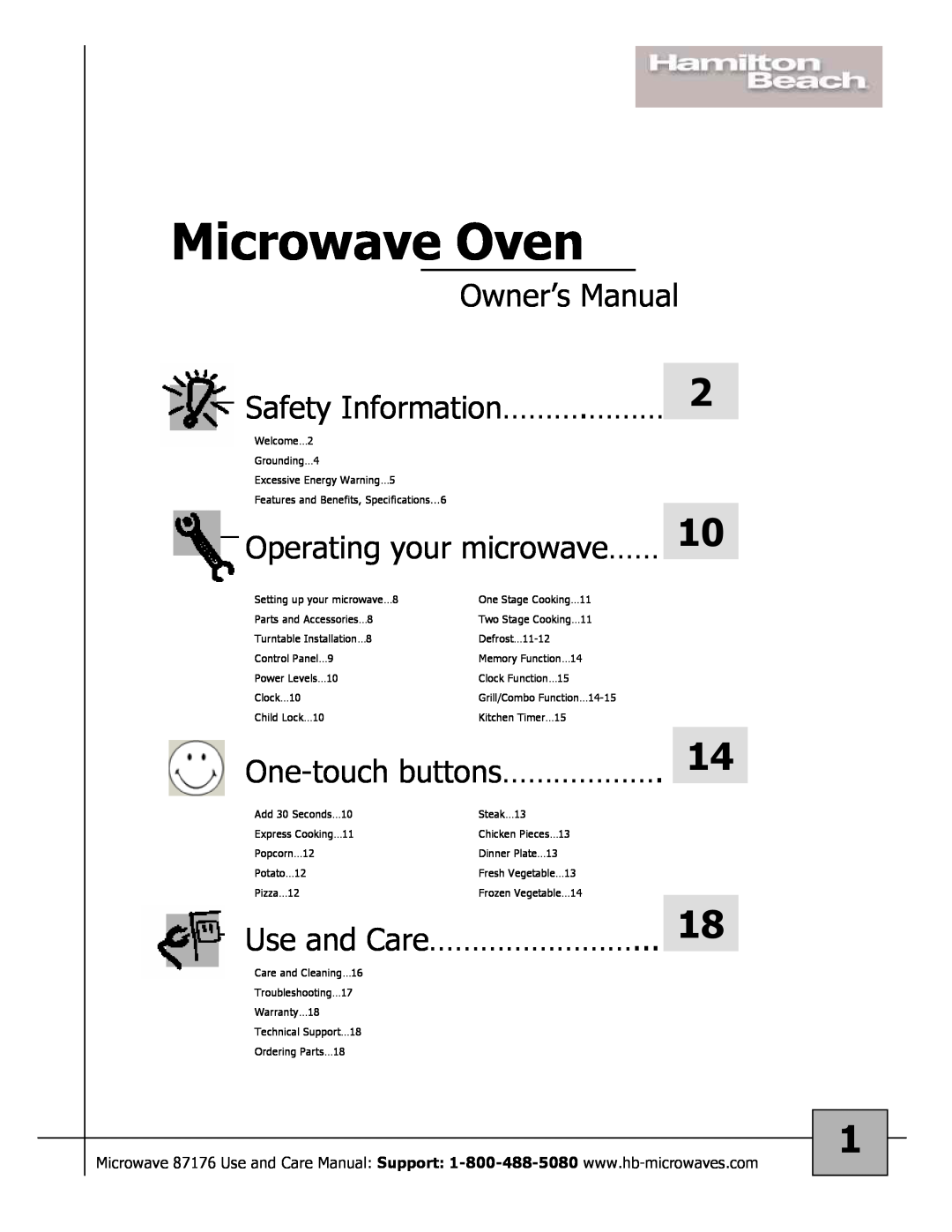 Hamilton Beach 87176 owner manual Operating your microwave……, One-touchbuttons………………, Use and Care……………………, Microwave Oven 