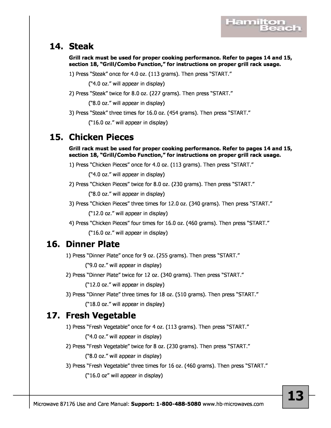 Hamilton Beach 87176 owner manual Steak, Chicken Pieces, Dinner Plate, Fresh Vegetable 