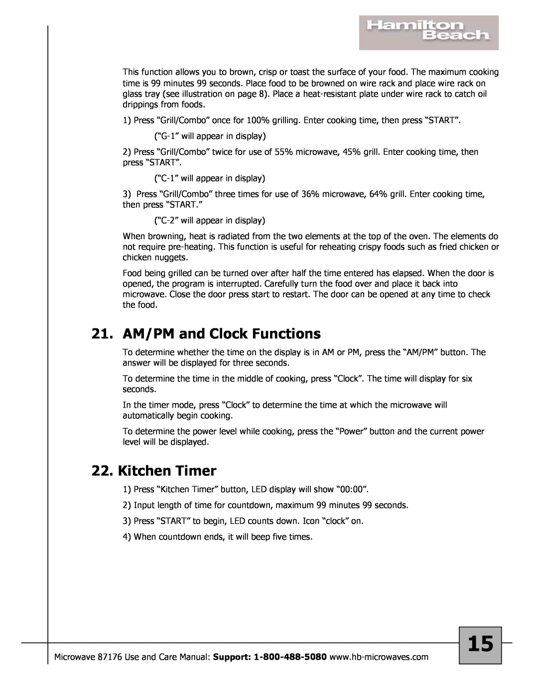 Hamilton Beach 87176 owner manual 21. AM/PM and Clock Functions, Kitchen Timer 