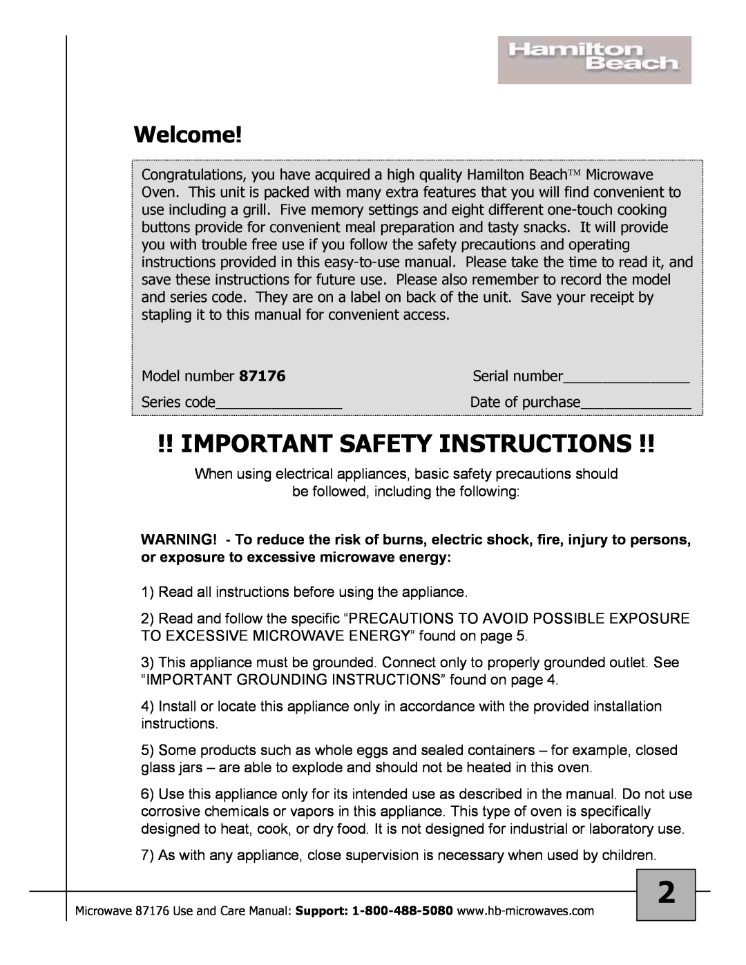 Hamilton Beach 87176 owner manual Important Safety Instructions, Welcome 