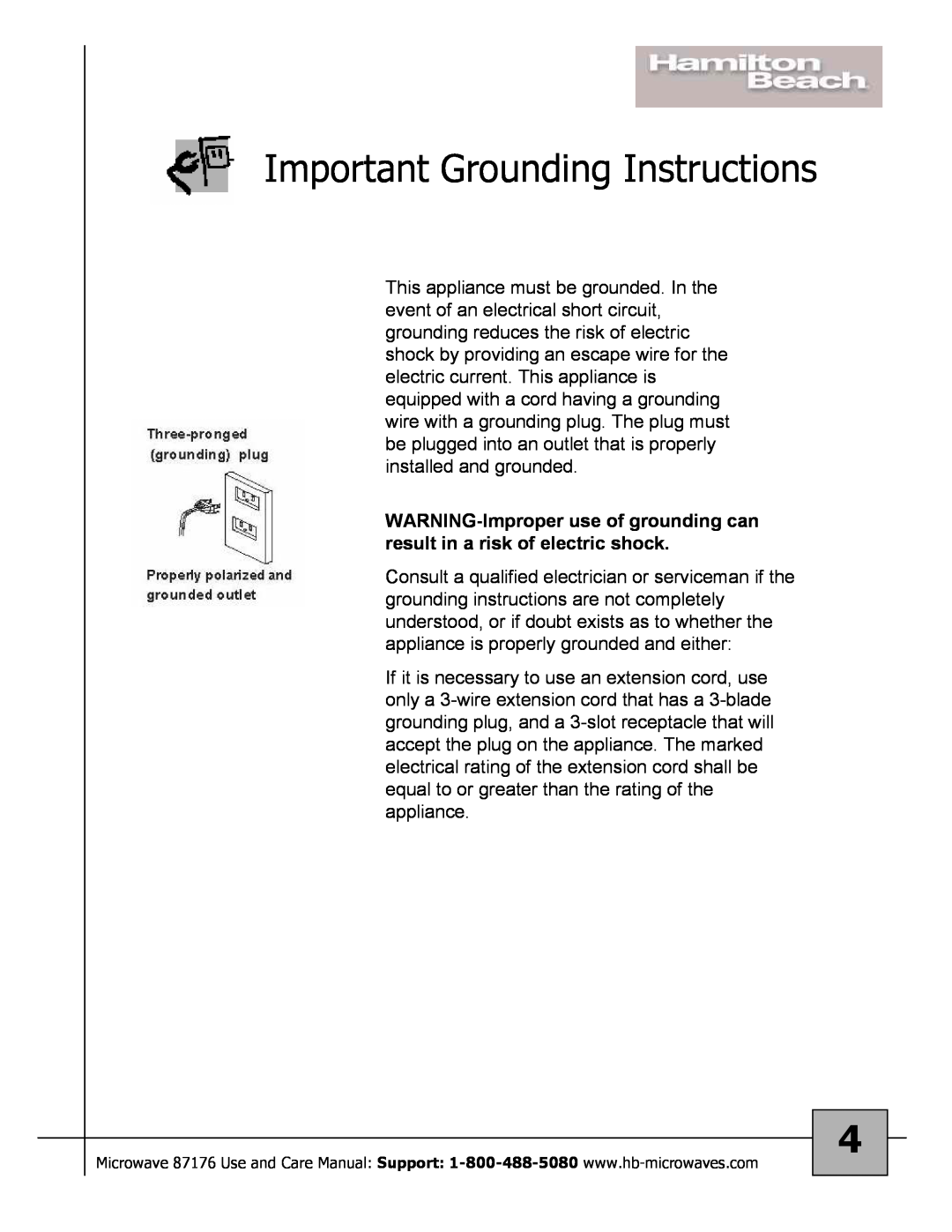 Hamilton Beach 87176 owner manual Important Grounding Instructions 