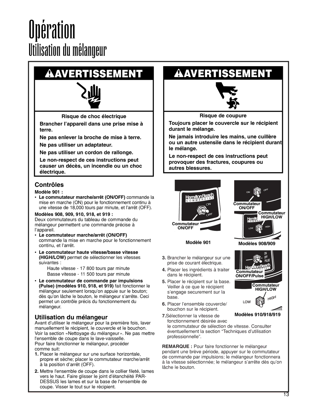 Hamilton Beach 919, 901, 910, 908, 918, 909 manuel dutilisation Opération, Utilisation du mélangeur, Contrôles 