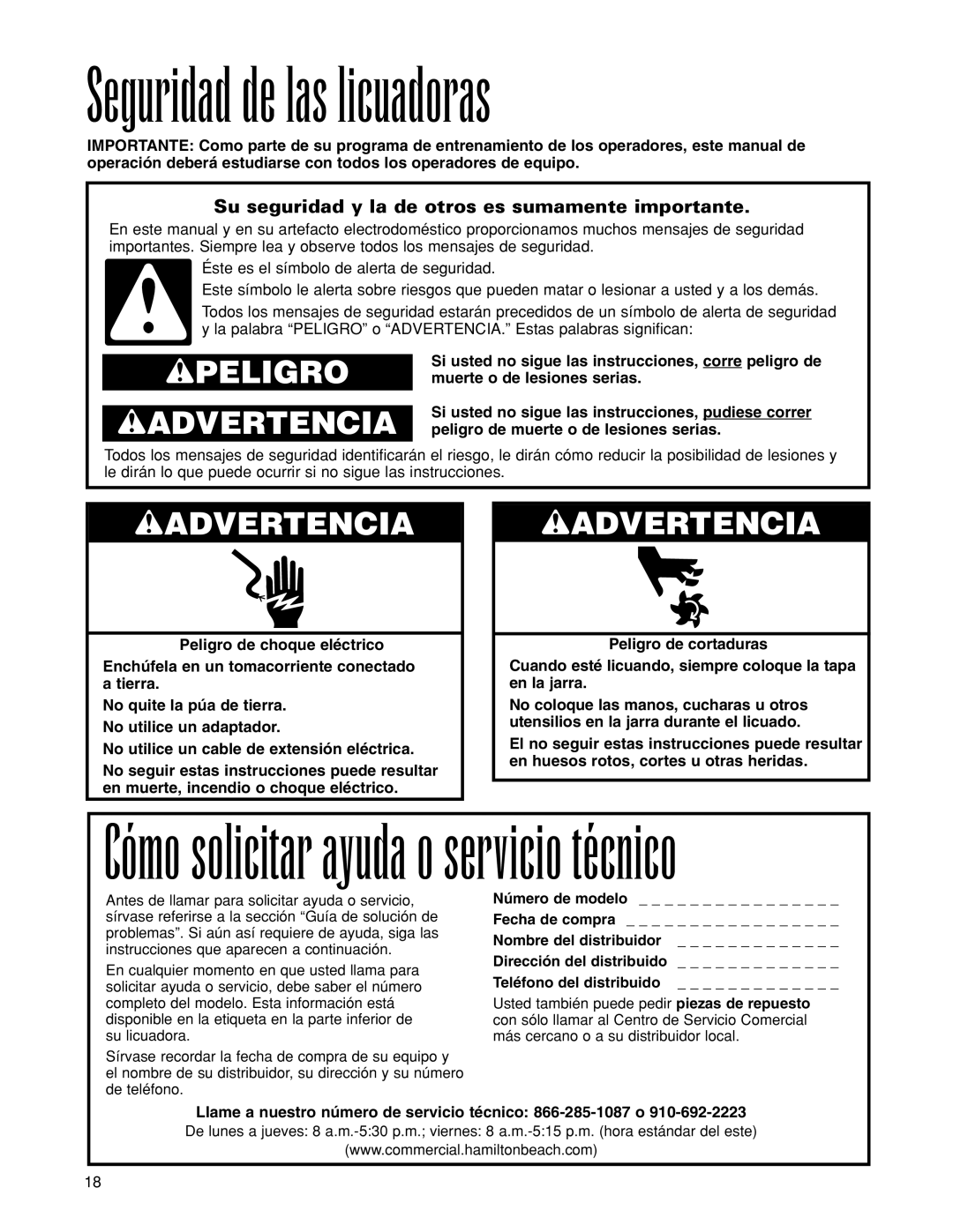 Hamilton Beach 901, 919, 910, 908, 918, 909 Seguridad de las licuadoras, Su seguridad y la de otros es sumamente importante 