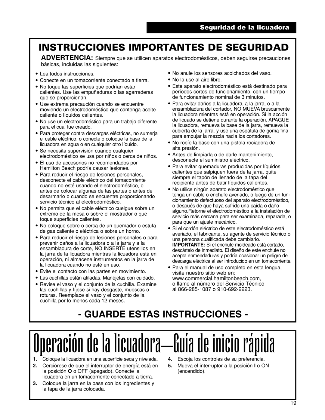 Hamilton Beach 919, 901, 910, 908, 918, 909 manuel dutilisation Operación de la licuadora-Guía de inicio rápida 