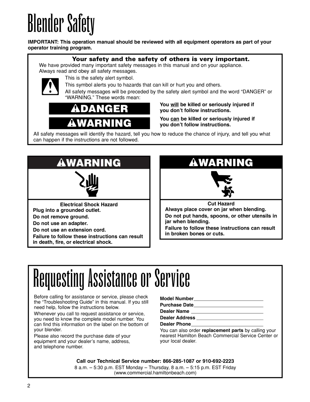 Hamilton Beach 910, 901, 919, 908, 918, 909 Blender Safety, Your safety and the safety of others is very important 