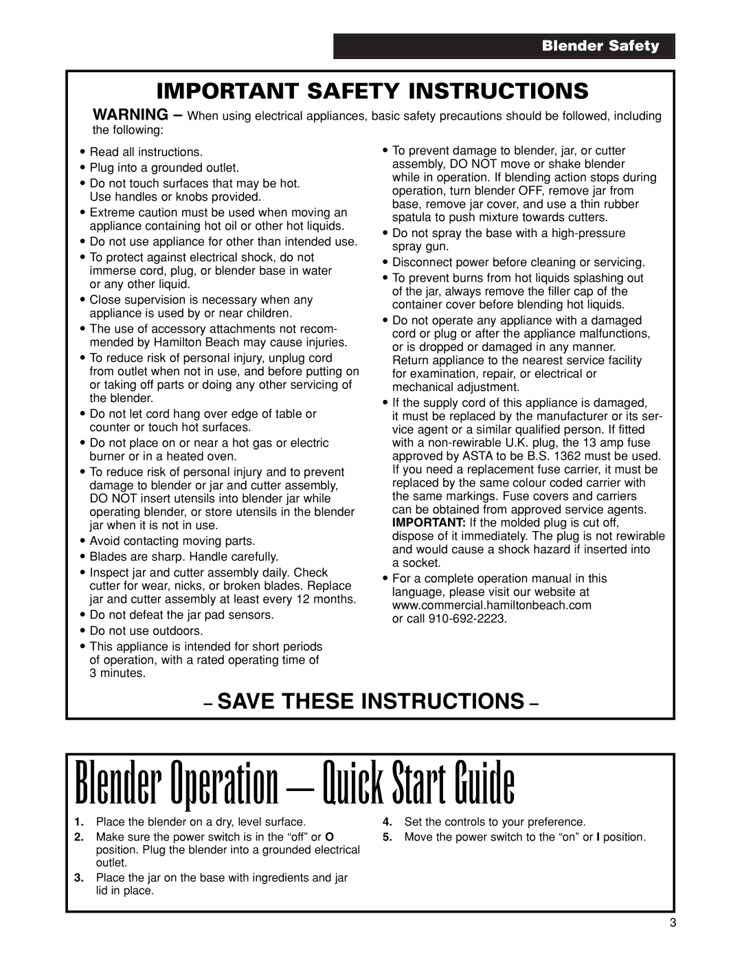 Hamilton Beach 908, 901, 919, 910, 918, 909 manuel dutilisation Blender Operation Quick Start Guide 