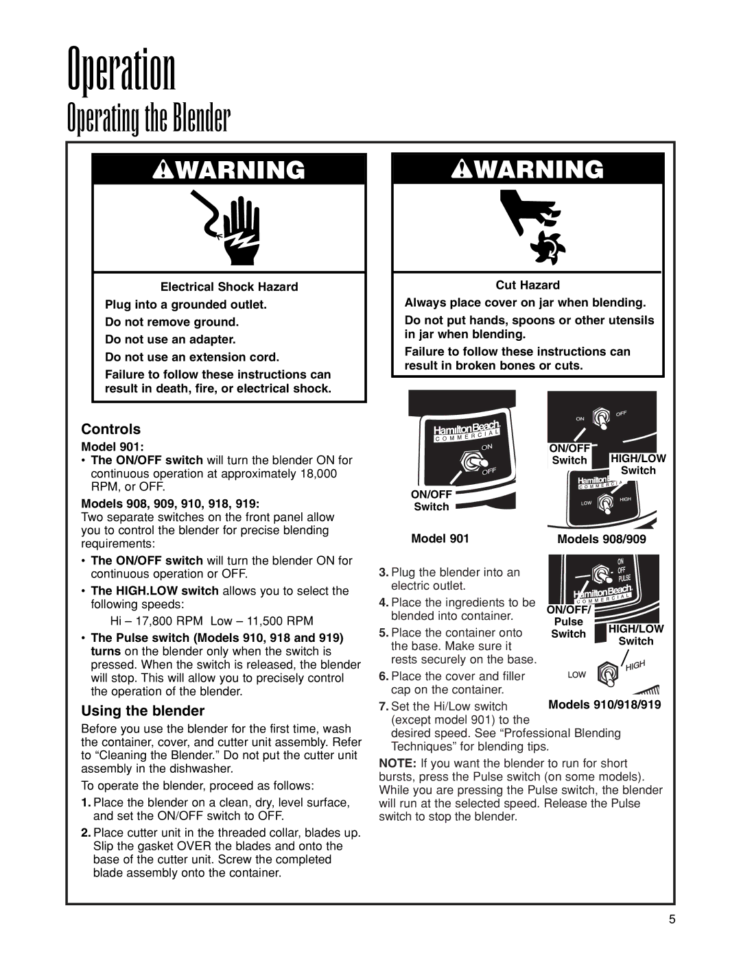 Hamilton Beach 909, 901, 919, 910, 908, 918 manuel dutilisation Operation, Operating the Blender, Controls, Using the blender 