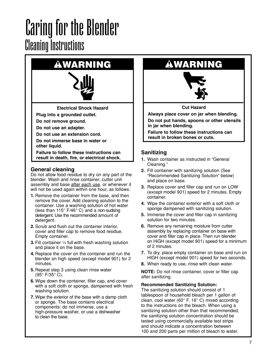 Hamilton Beach 919, 901, 910, 908, 918, 909 Caring for the Blender, Cleaning Instructions, Sanitizing, General cleaning 