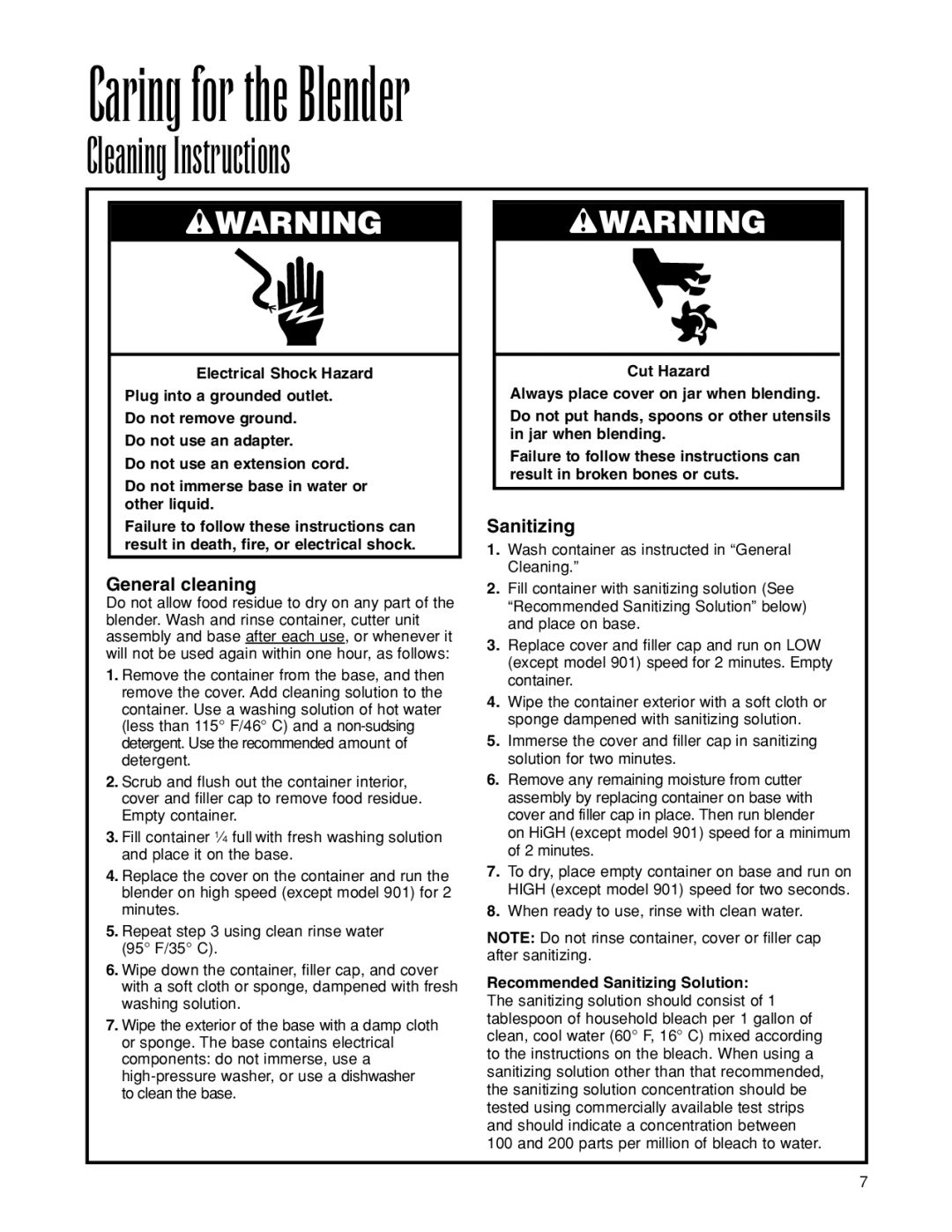 Hamilton Beach 901 manuel dutilisation Caring for the Blender, Cleaning Instructions, Sanitizing, General cleaning 