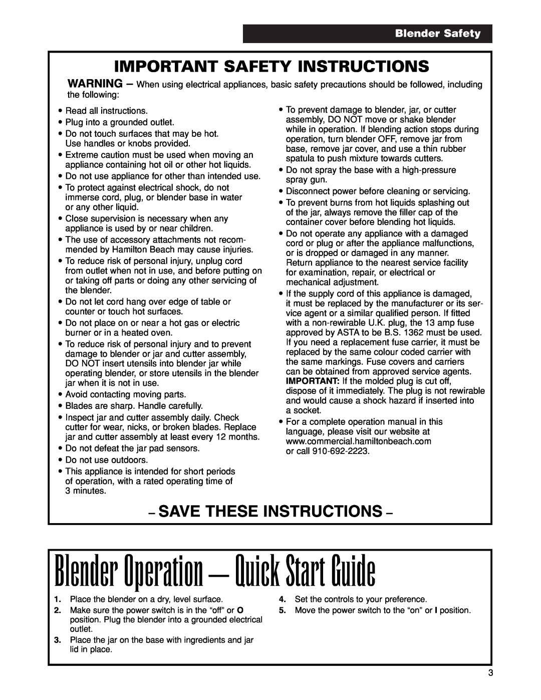 Hamilton Beach 901 manuel dutilisation Blender Safety, Blender Operation - Quick Start Guide, Important Safety Instructions 