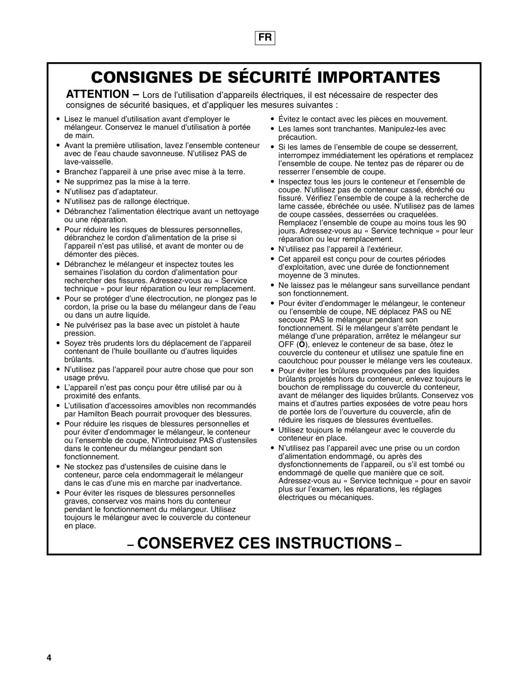 Hamilton Beach 908 Series operation manual Consignes DE Sécurité Importantes, Conservez CES Instructions 