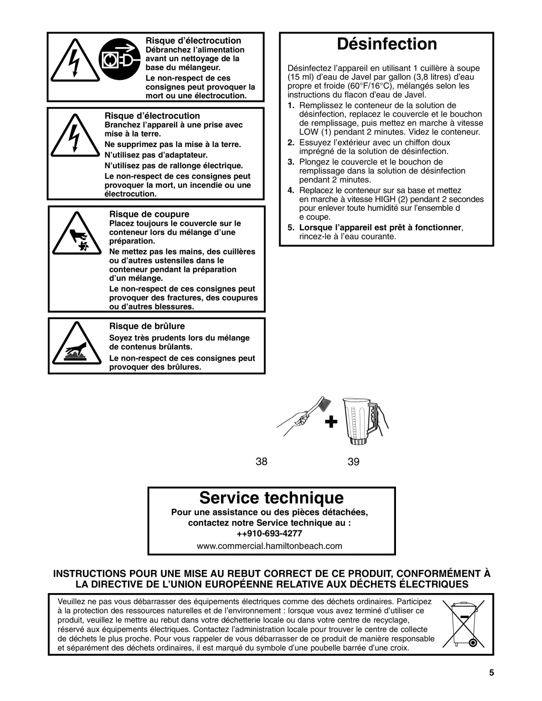 Hamilton Beach 908 Series Désinfection, Service technique, Risque d’électrocution, Risque de coupure, Risque de brûlure 