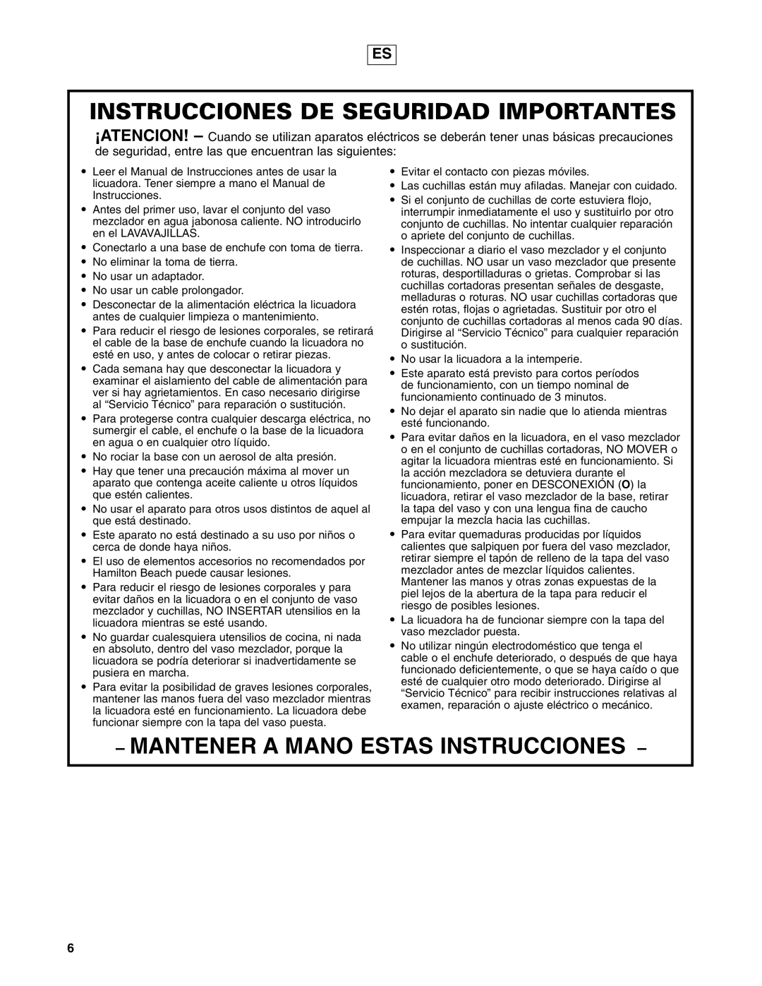 Hamilton Beach 908 Series operation manual Instrucciones DE Seguridad Importantes, Mantener a Mano Estas Instrucciones 