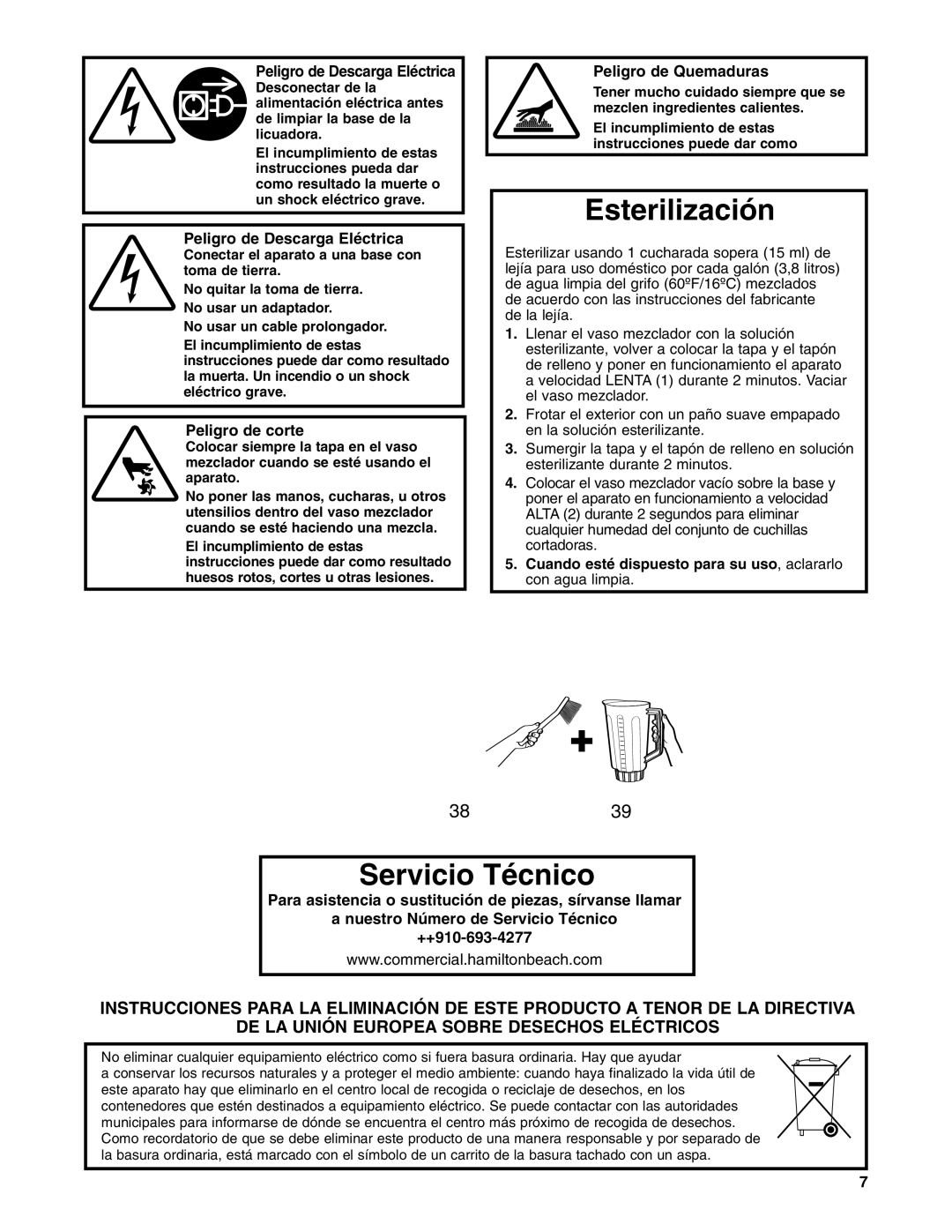 Hamilton Beach 908 Series Esterilización, Servicio Técnico, Peligro de Descarga Eléctrica, Peligro de corte 