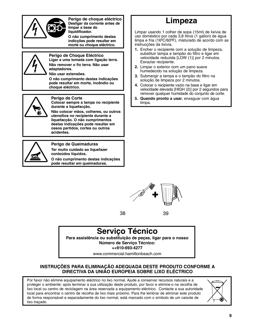 Hamilton Beach 908 Series operation manual Limpeza, Serviço Técnico 