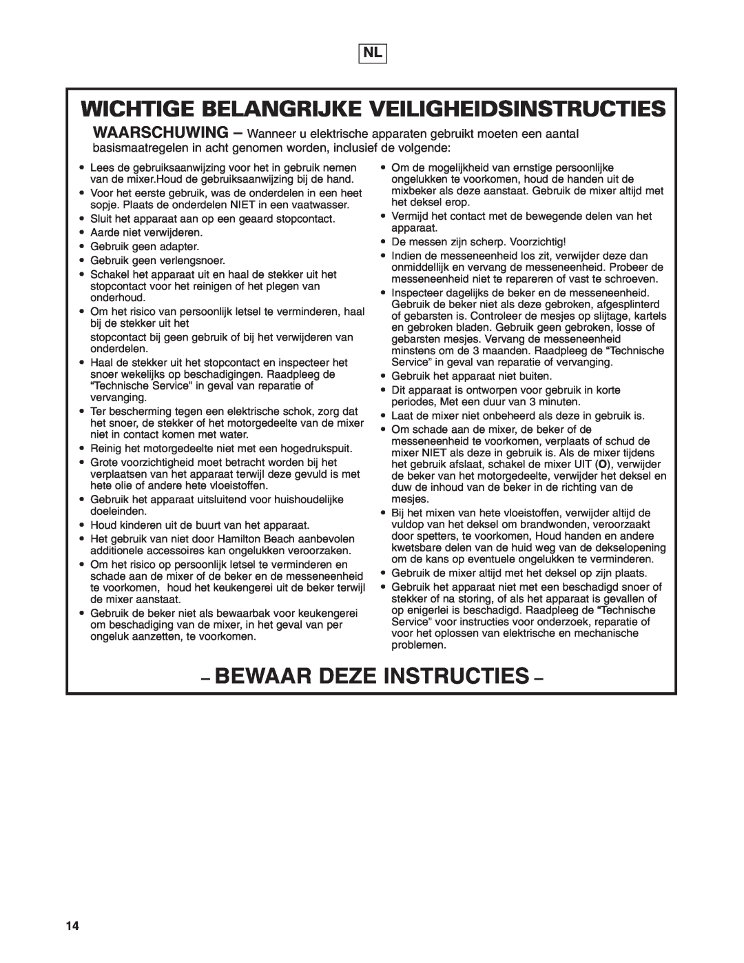 Hamilton Beach 908 Series operation manual Wichtige Belangrijke Veiligheidsinstructies, Bewaar Deze Instructies 