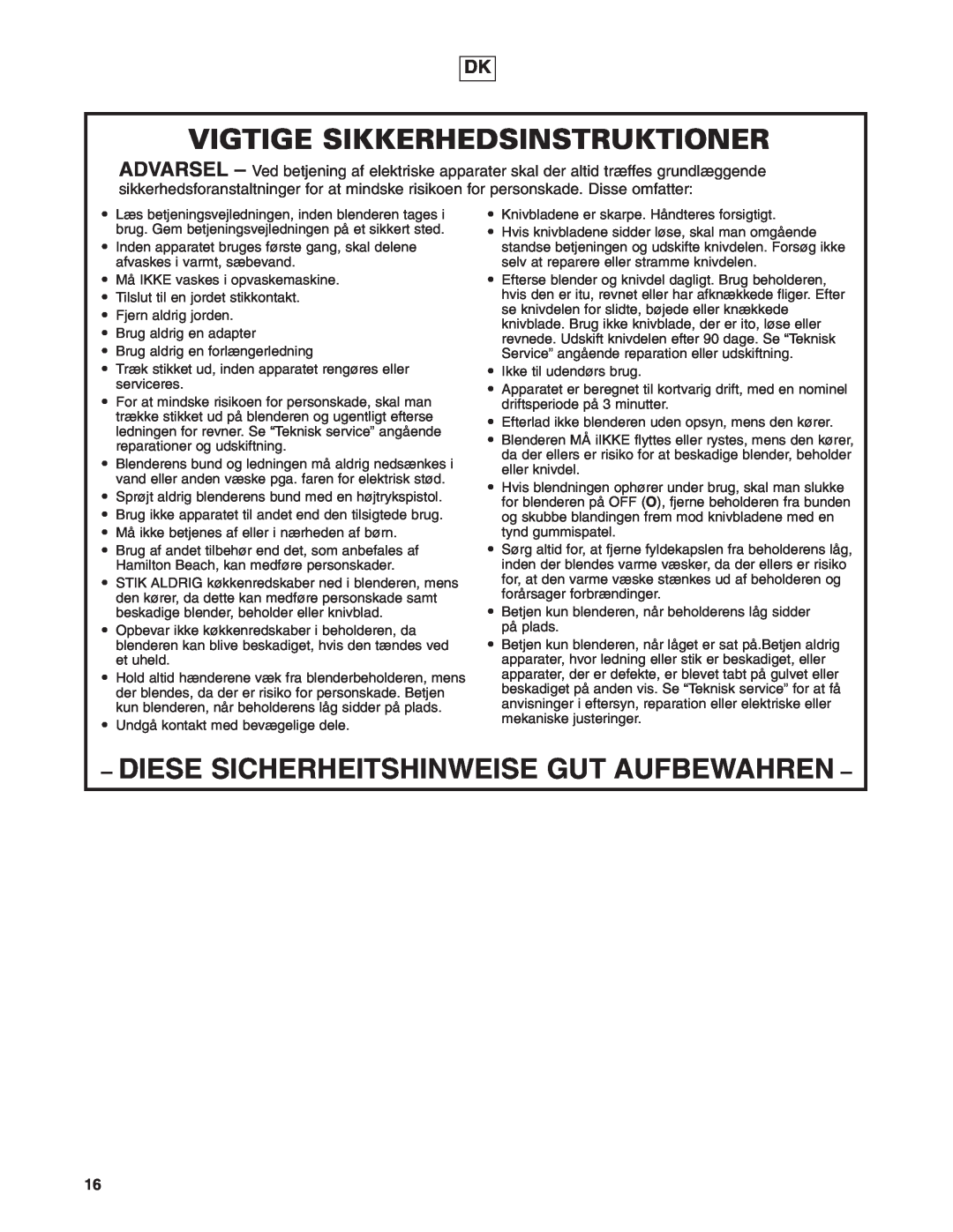 Hamilton Beach 908 Series operation manual Vigtige Sikkerhedsinstruktioner, Diese Sicherheitshinweise Gut Aufbewahren 