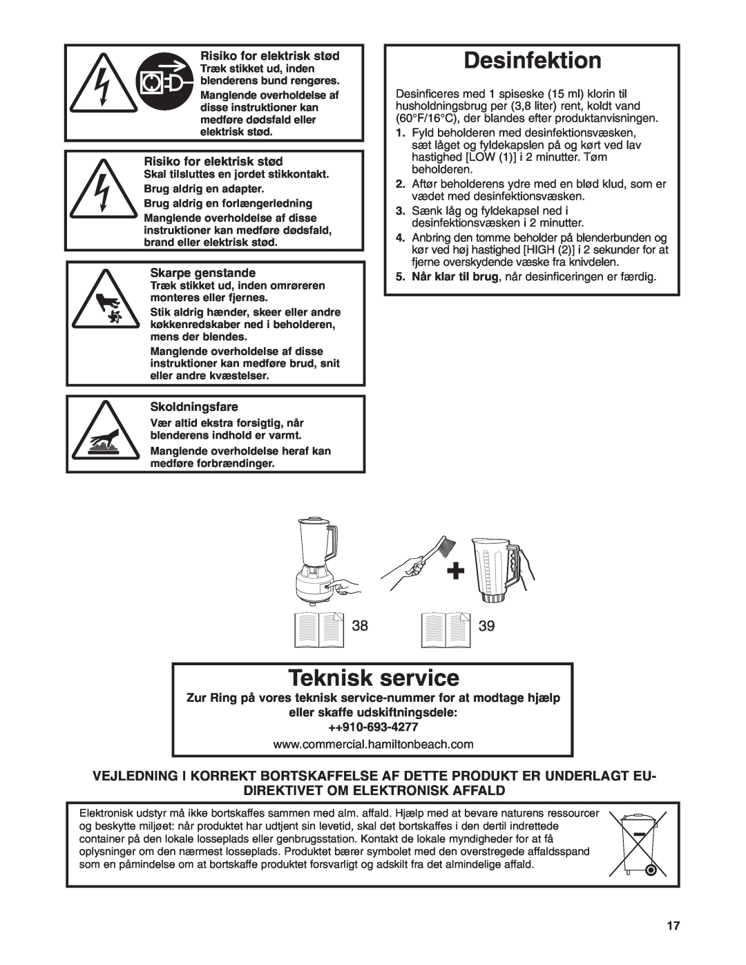 Hamilton Beach 908 Series Teknisk service, Desinfektion, Direktivet Om Elektronisk Affald, Risiko for elektrisk stød 
