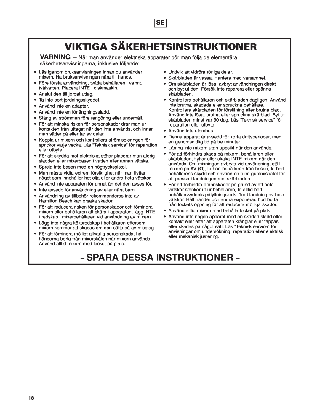Hamilton Beach 908 Series operation manual Viktiga Säkerhetsinstruktioner, Spara Dessa Instruktioner 