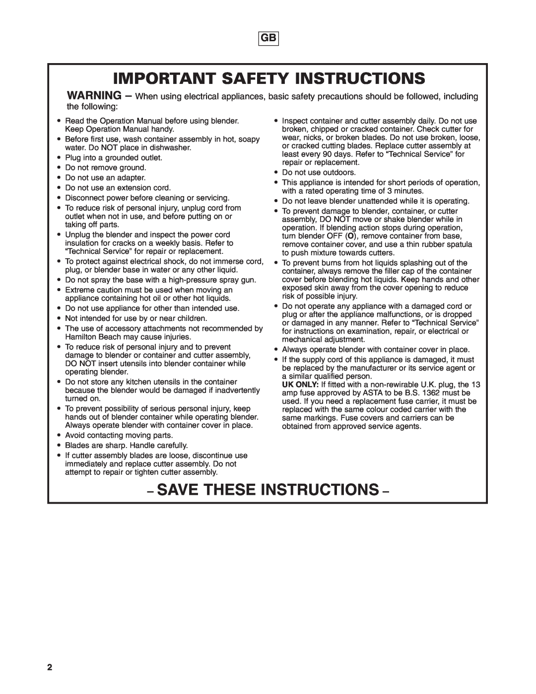 Hamilton Beach 908 Series operation manual Important Safety Instructions, Save These Instructions 