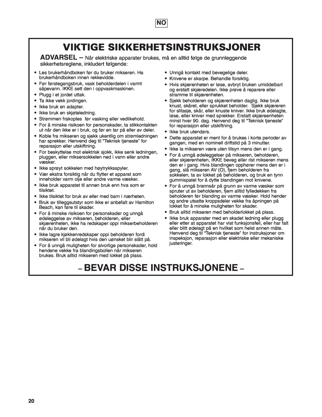 Hamilton Beach 908 Series operation manual Viktige Sikkerhetsinstruksjoner, Bevar Disse Instruksjonene 