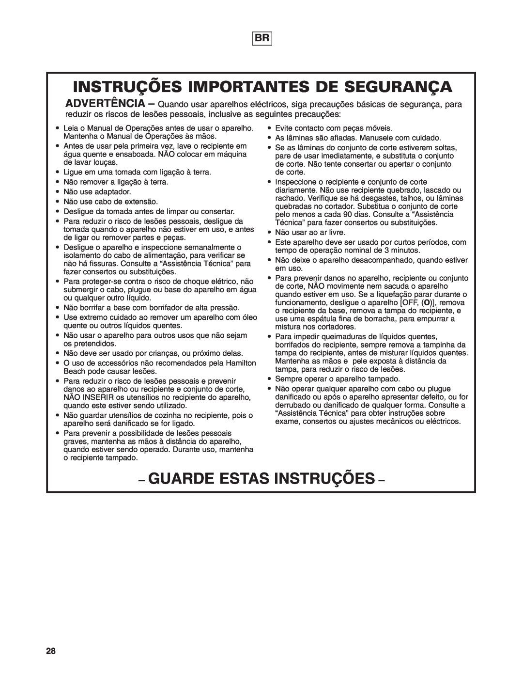 Hamilton Beach 908 Series operation manual Instruções Importantes De Segurança, Guarde Estas Instruções 