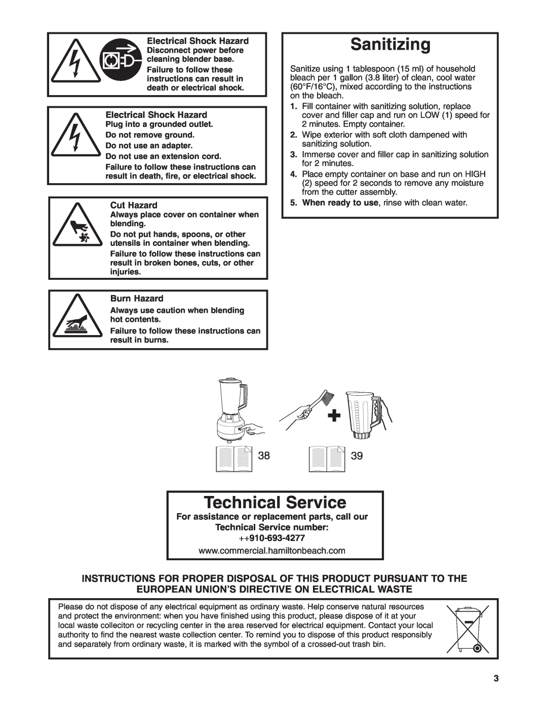 Hamilton Beach 908 Series Sanitizing, Technical Service, European Union’S Directive On Electrical Waste, Cut Hazard 
