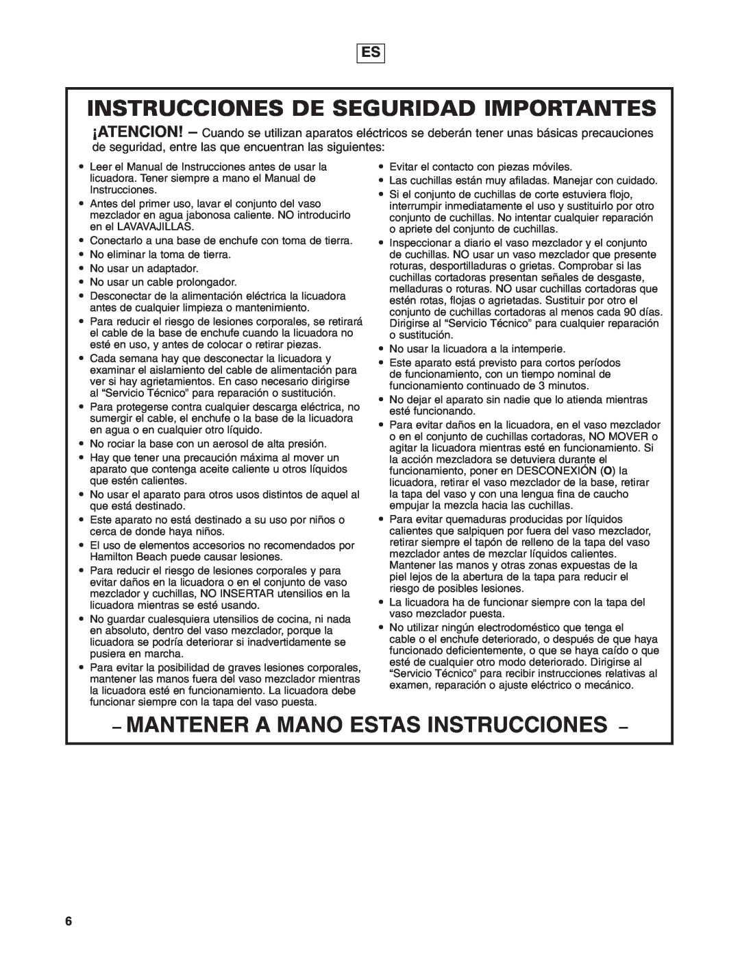 Hamilton Beach 908 Series operation manual Instrucciones De Seguridad Importantes, Mantener A Mano Estas Instrucciones 