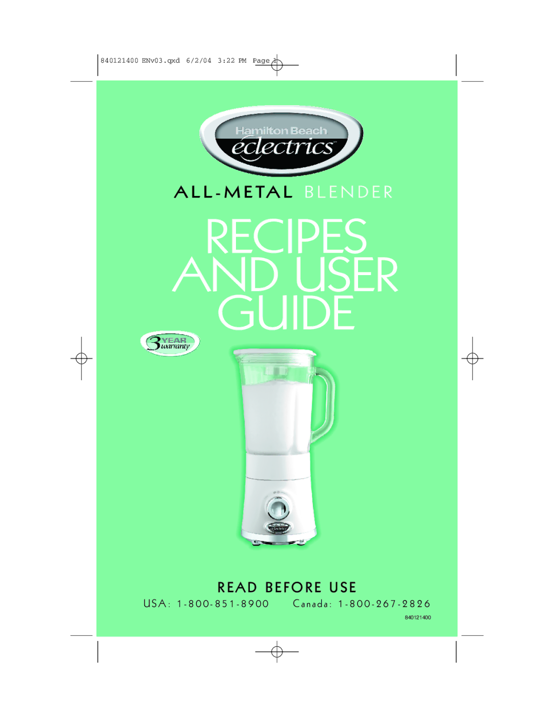 Hamilton Beach All-Metal Blender manual Recipes User Guide 