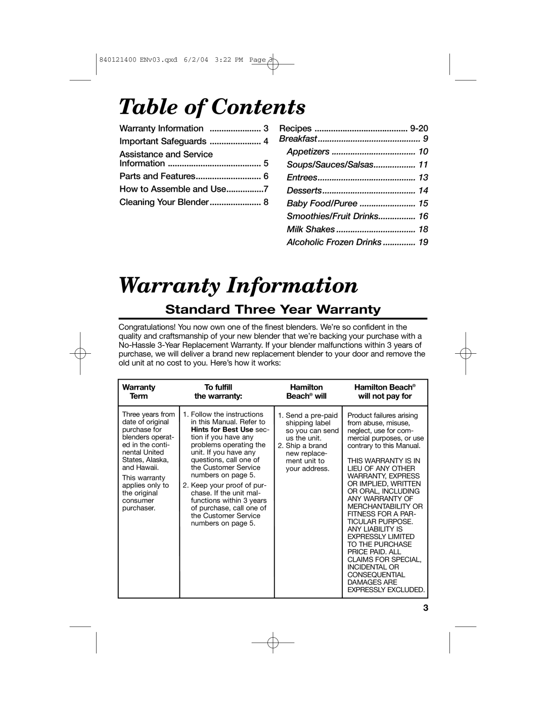 Hamilton Beach All-Metal Blender manual Table of Contents, Warranty Information 