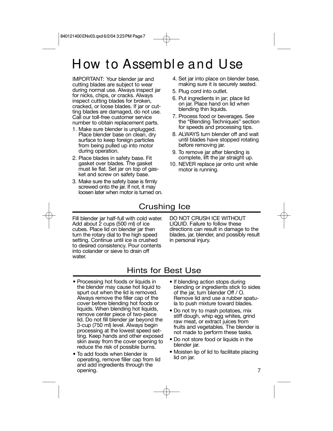 Hamilton Beach All-Metal Blender manual How to Assemble and Use, Crushing Ice, Hints for Best Use 