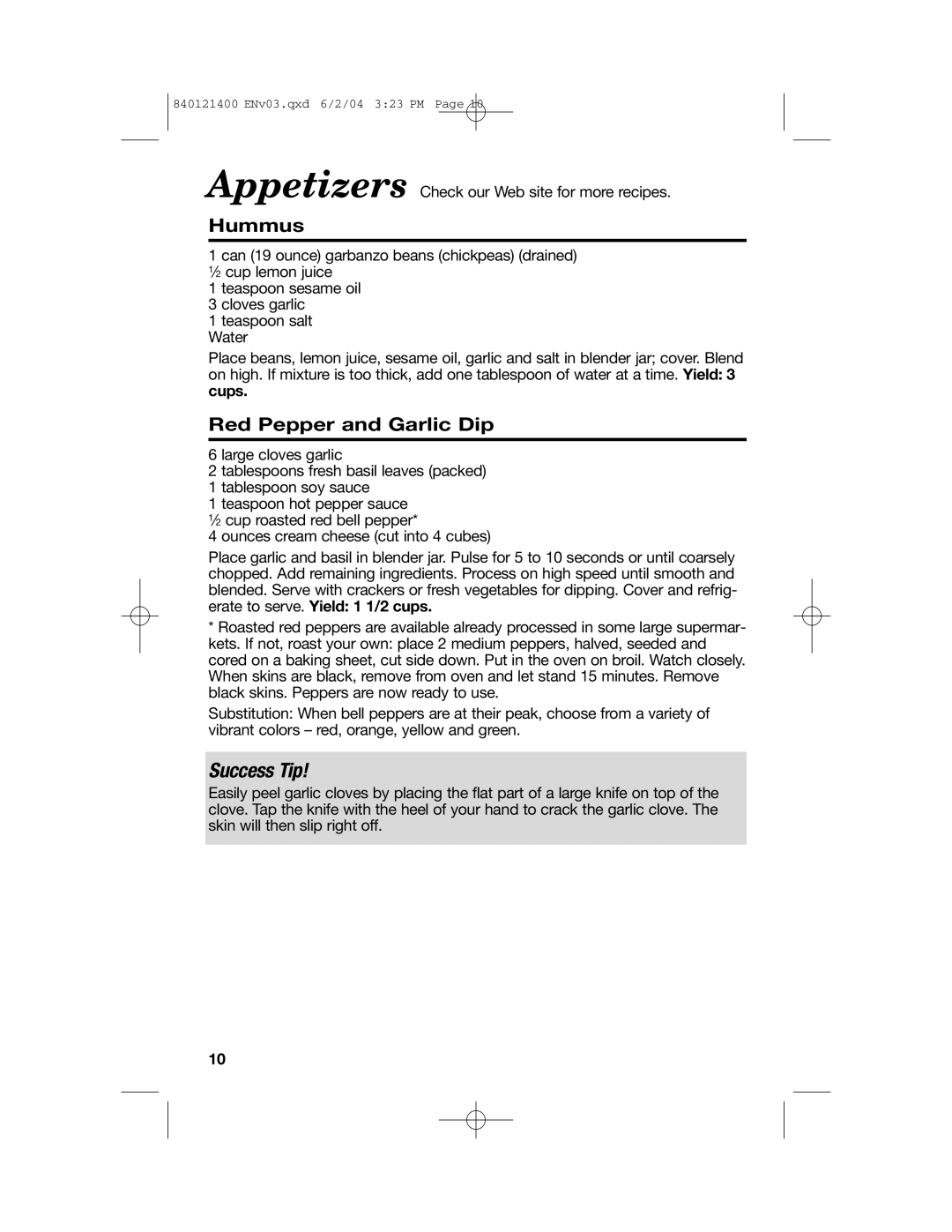 Hamilton Beach All-Metal Blender manual Success Tip, Hummus, Red Pepper and Garlic Dip 