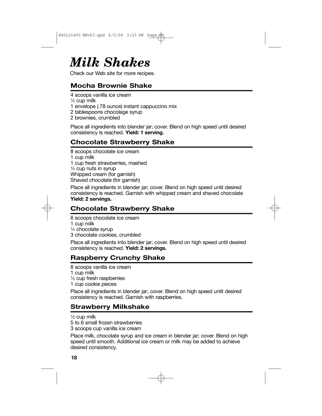 Hamilton Beach All-Metal Blender Milk Shakes, Mocha Brownie Shake, Chocolate Strawberry Shake, Raspberry Crunchy Shake 