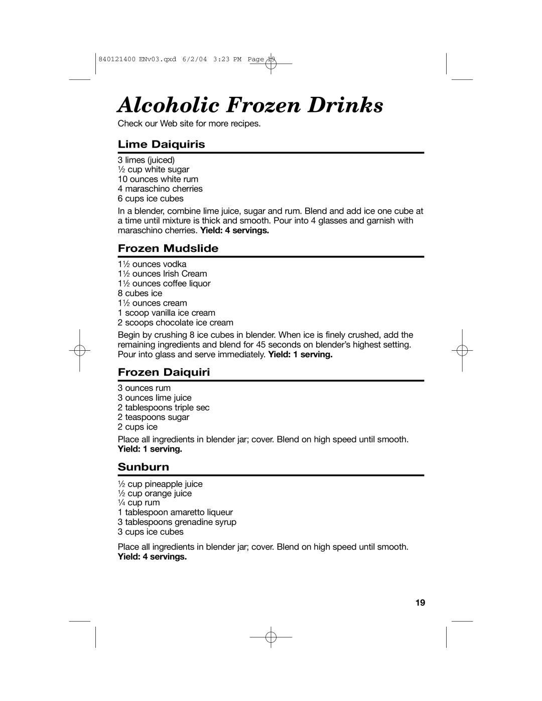 Hamilton Beach All-Metal Blender manual Alcoholic Frozen Drinks, Lime Daiquiris, Frozen Mudslide, Frozen Daiquiri, Sunburn 