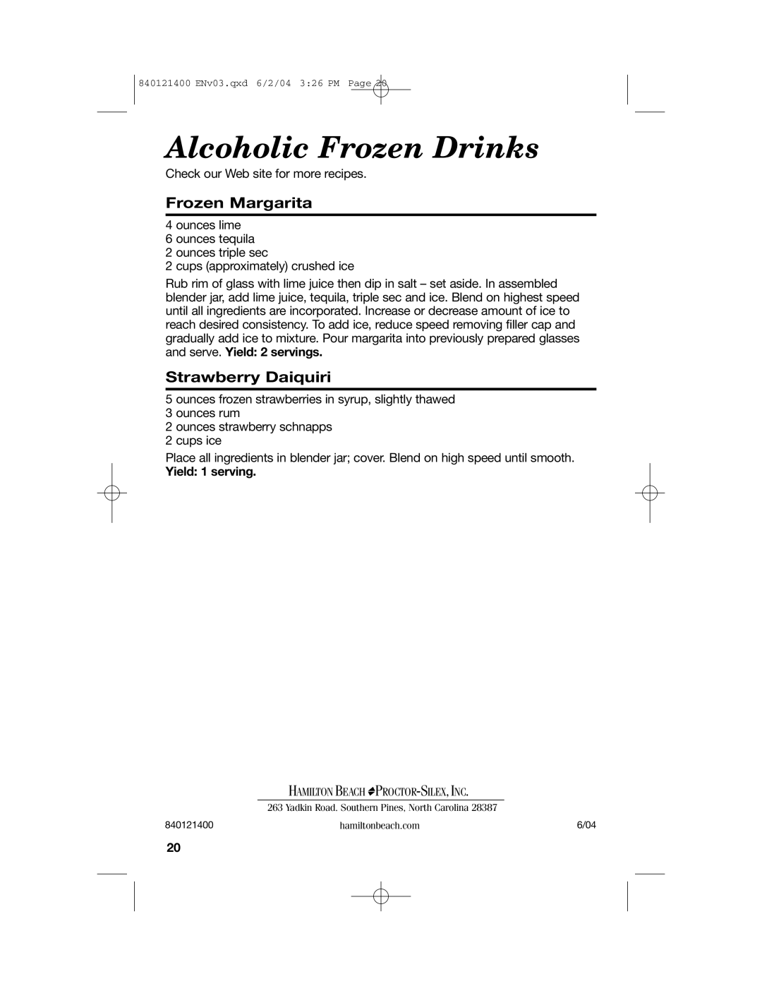 Hamilton Beach All-Metal Blender manual Frozen Margarita, Strawberry Daiquiri, Alcoholic Frozen Drinks, Yield 1 serving 
