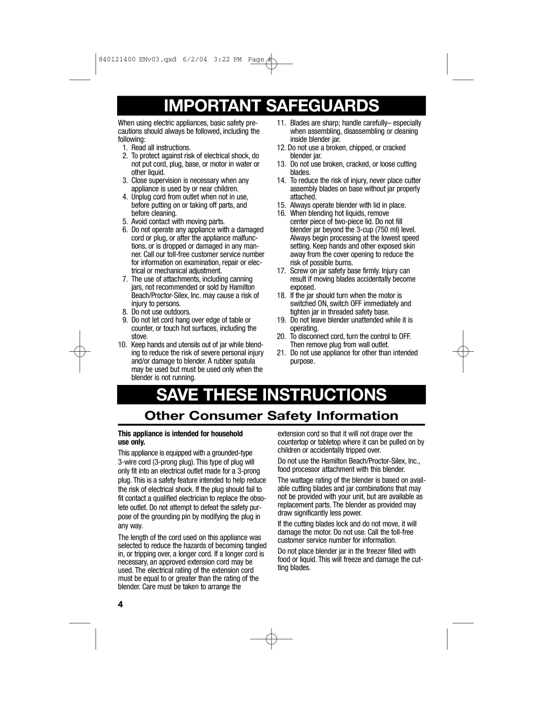 Hamilton Beach All-Metal Blender manual Other Consumer Safety Information, Important Safeguards, Save These Instructions 