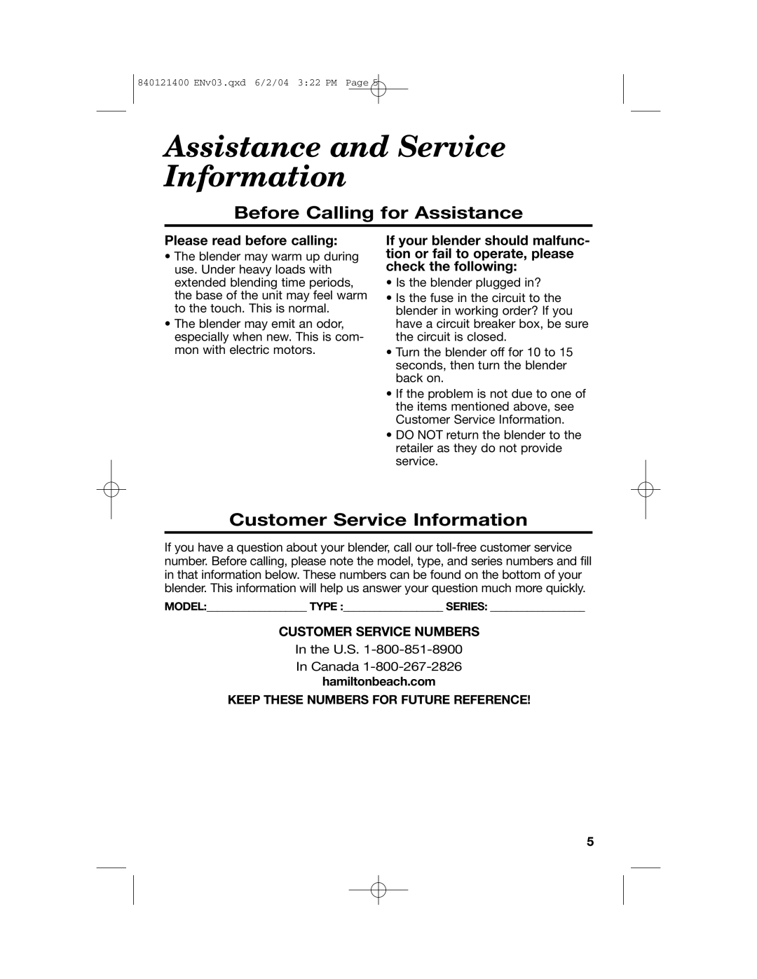 Hamilton Beach All-Metal Blender manual Assistance and Service Information, Before Calling for Assistance 