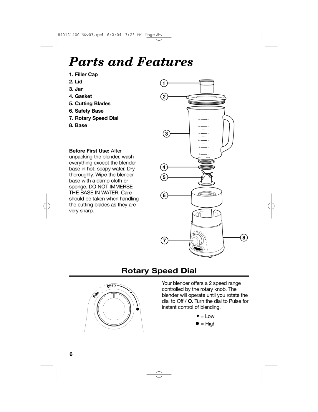 Hamilton Beach All-Metal Blender manual Parts and Features, Rotary Speed Dial, Filler Cap 2. Lid 3. Jar 4. Gasket 