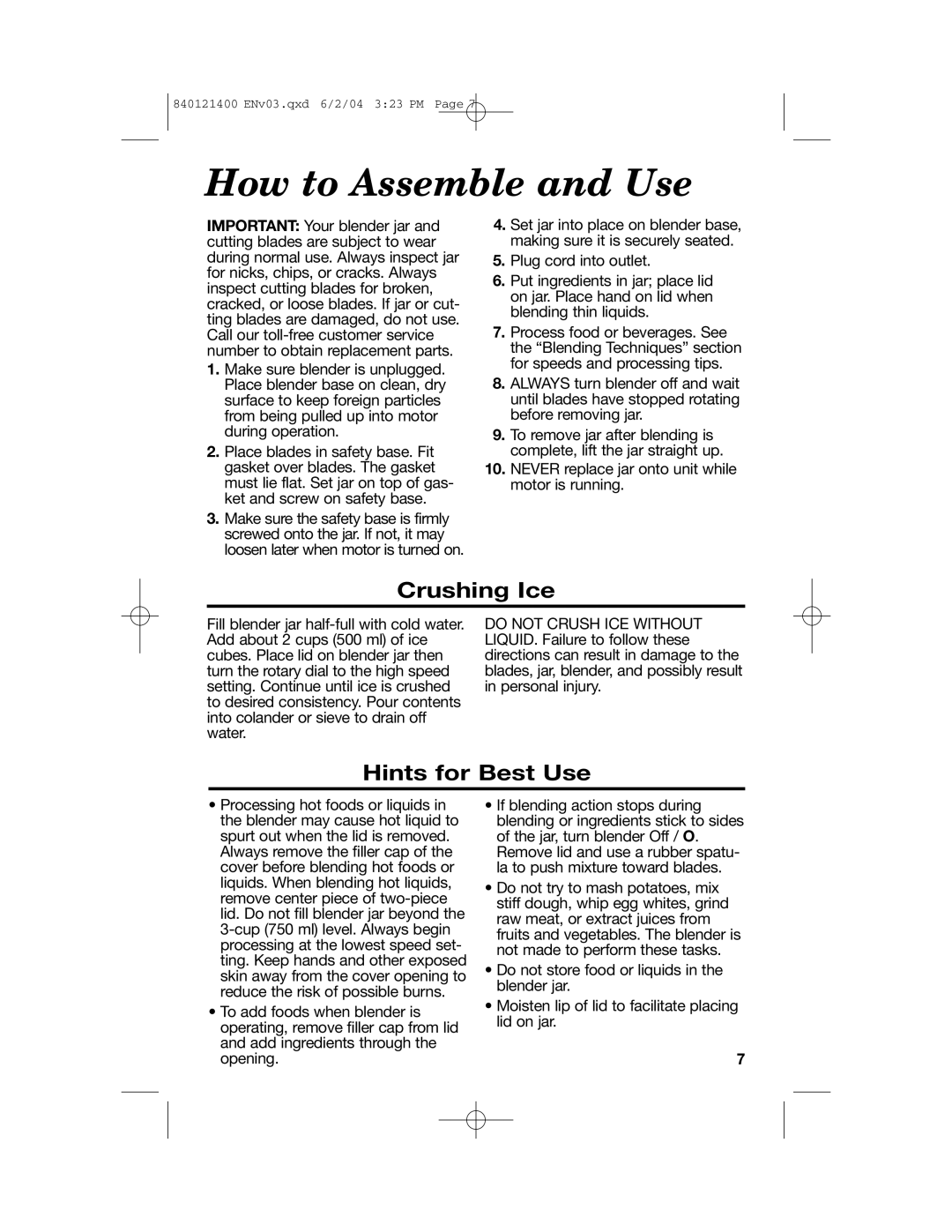 Hamilton Beach All-Metal Blender manual How to Assemble and Use, Crushing Ice, Hints for Best Use 