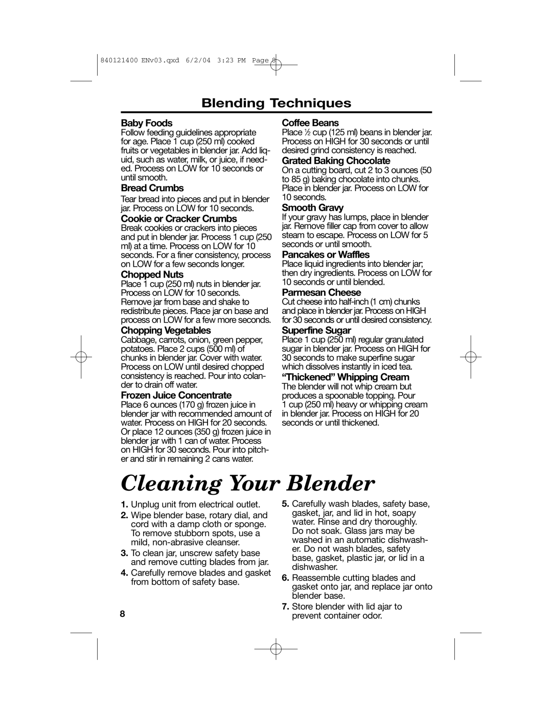 Hamilton Beach All-Metal Blender manual Cleaning Your Blender, Blending Techniques 