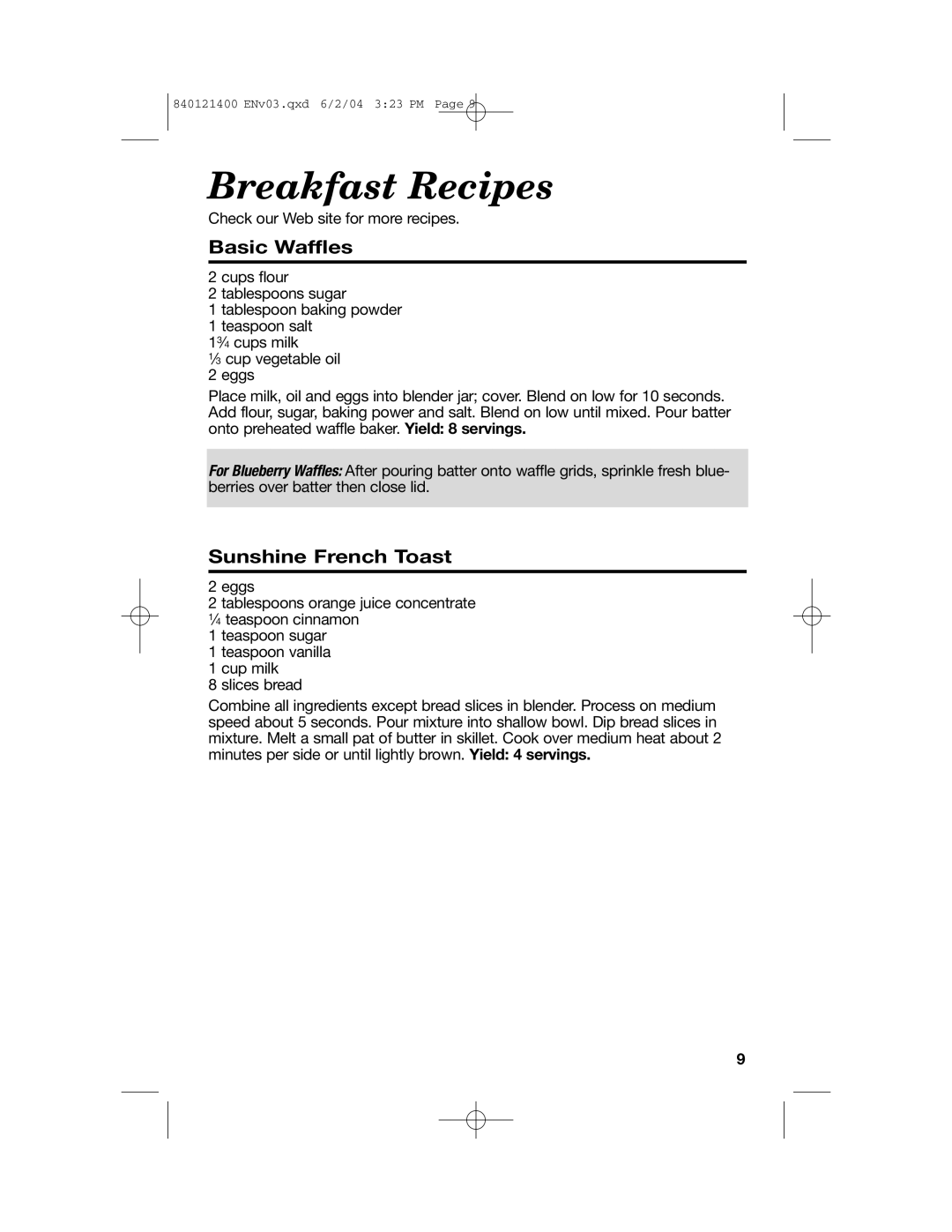 Hamilton Beach All-Metal Blender manual Breakfast Recipes, Basic Waffles, Sunshine French Toast 