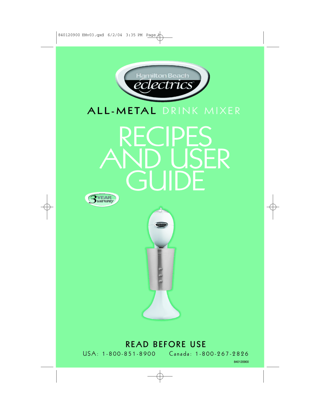 Hamilton Beach ALL-METAL DRINK MIXER manual Recipes User Guide 