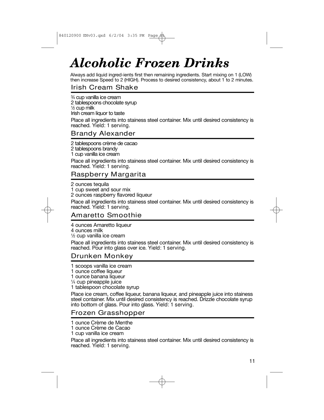 Hamilton Beach ALL-METAL DRINK MIXER manual Alcoholic Frozen Drinks 