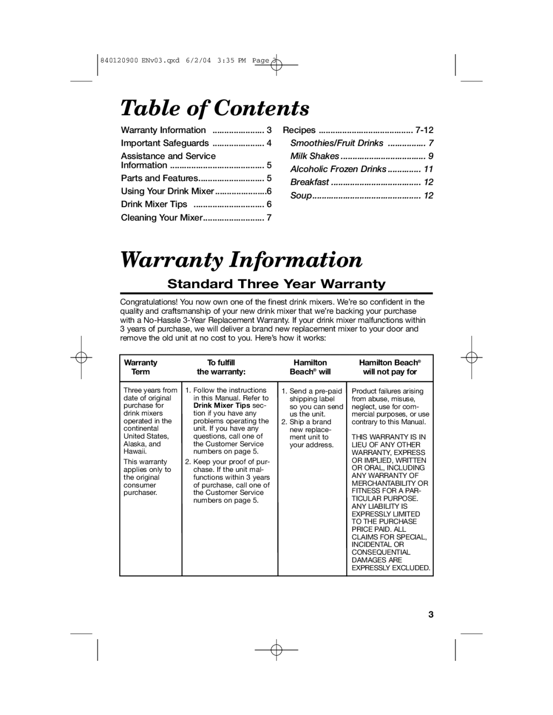 Hamilton Beach ALL-METAL DRINK MIXER manual Table of Contents, Warranty Information 