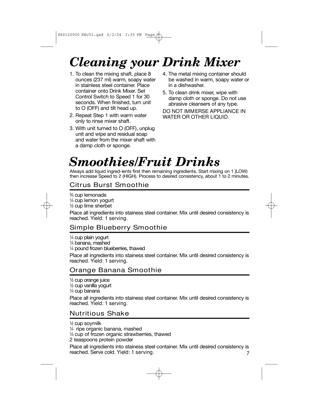 Hamilton Beach ALL-METAL DRINK MIXER manual Cleaning your Drink Mixer, Smoothies/Fruit Drinks 