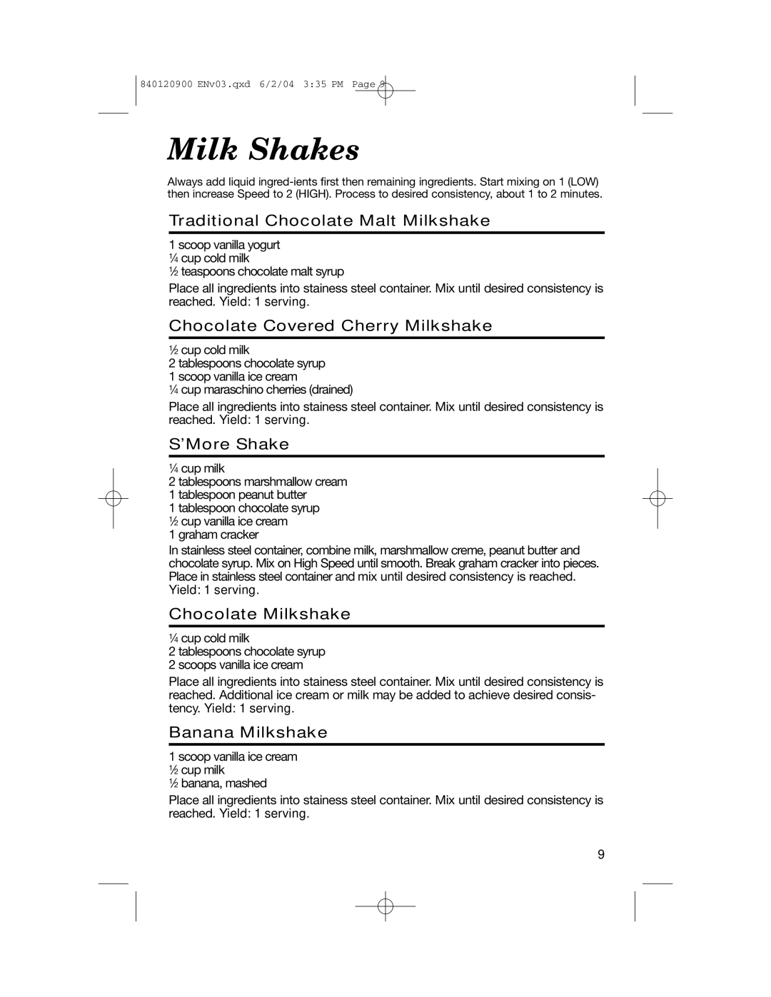 Hamilton Beach ALL-METAL DRINK MIXER manual Milk Shakes 