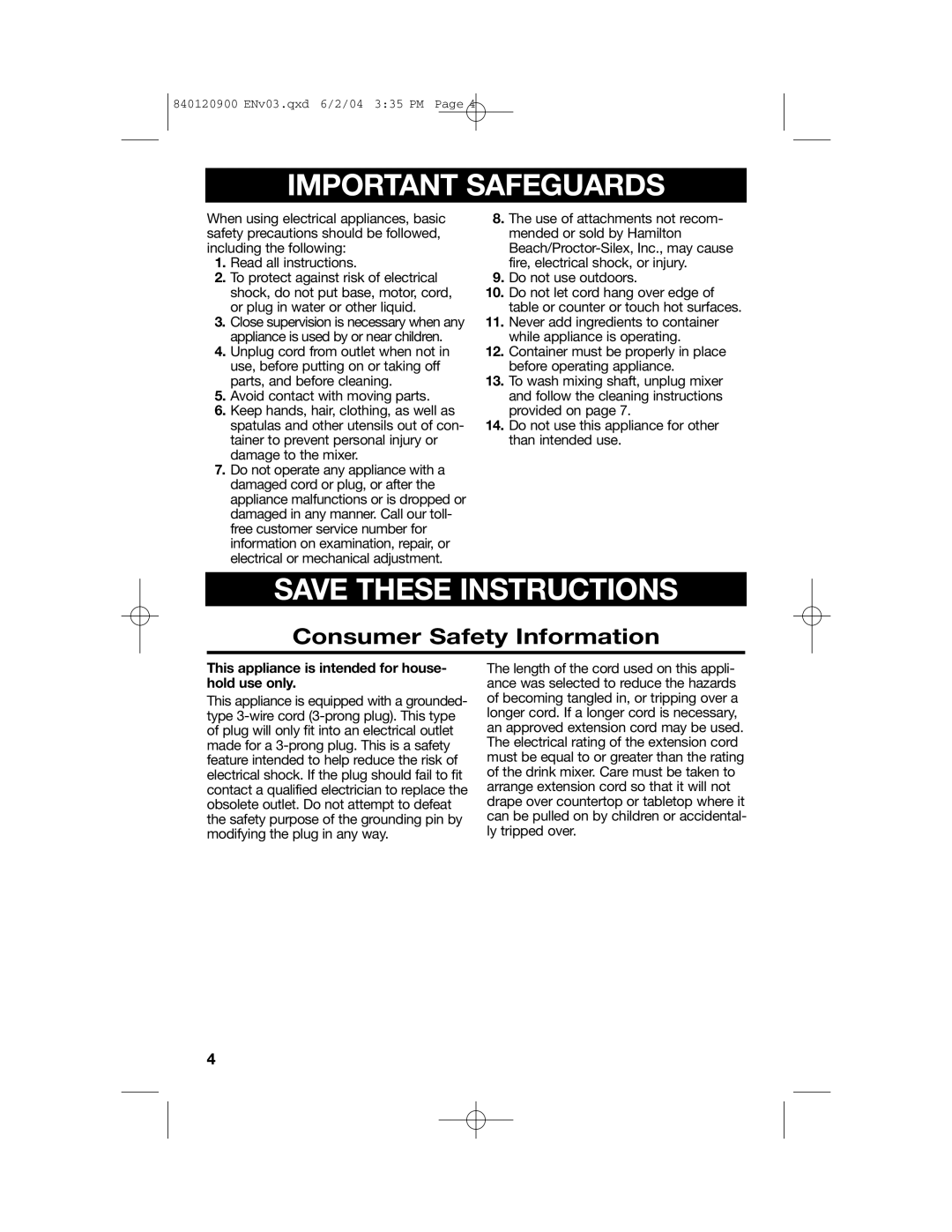 Hamilton Beach ALL-METAL DRINK MIXER manual Consumer Safety Information, Important Safeguards, Save These Instructions 