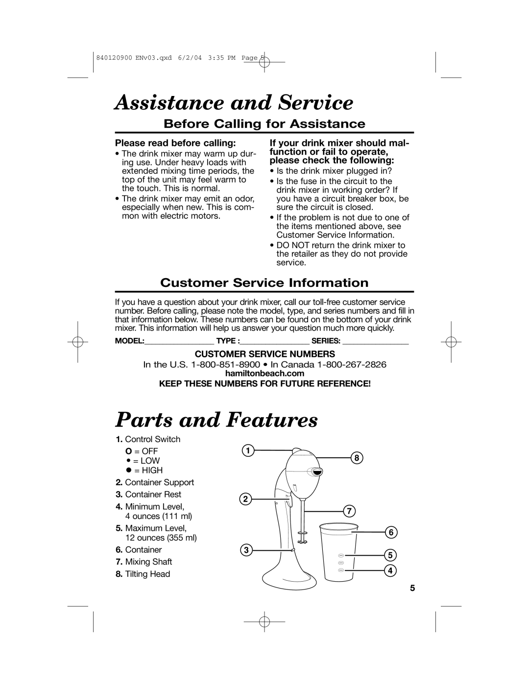 Hamilton Beach ALL-METAL DRINK MIXER manual Assistance and Service, Parts and Features, Before Calling for Assistance 